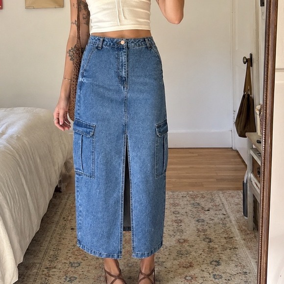 love,fire Dresses & Skirts - Denim Cargo Maxi Skirt High Waisted Front Slit preppy indie hippie